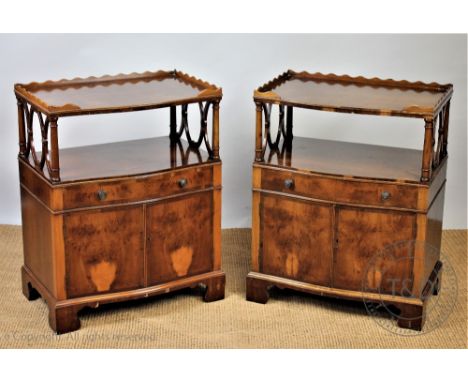 A pair of reproduction yew wood Regency style bedside tables, with drawer and two cupboard doors, on bracket, 76cm H x 60cm W