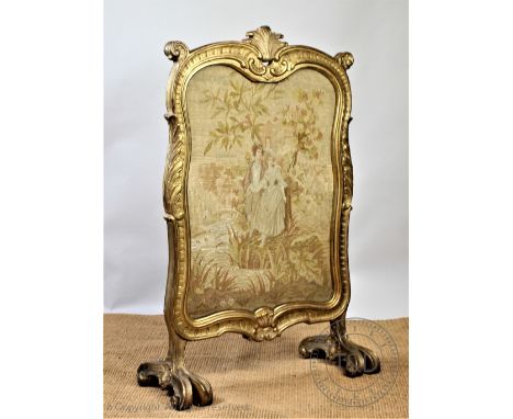 A late 19th century French gilt wood and gesso fire screen, of Louis XV style, with gross and petit point tapestry insert, 11