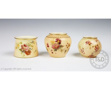 Three Royal Worcester porcelain Blush Ivory vases comprising; shape No.2073, date code for 1902, 8.5cm high, shape No.866, da