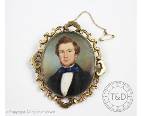 A portrait miniature of a gentleman, circa 1835, Watercolour on ivory, Full face wearing blue bow tie and black frock coat, h