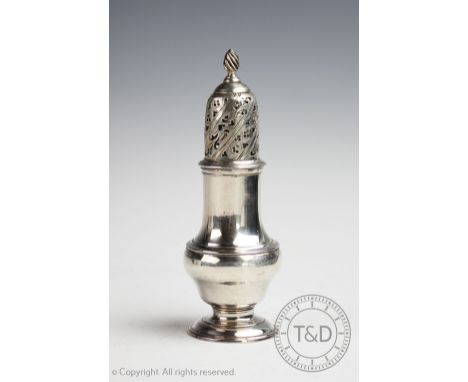 An early George III silver sugar caster, Samuel Wood, London 1764, the baluster shaped caster with pierced cover surmounted w