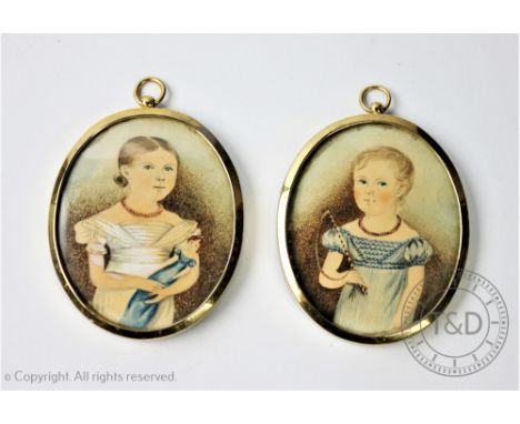 English School - 19th century, Pair of pencil and watercolour miniatures on paper, Naive portraits of a brother and sister, o