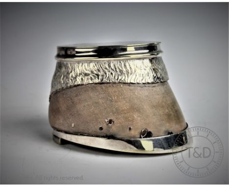 An Edwardian silver plate mounted horse hoof table snuff, mounted with realistic silver plated mounts and hinged cover, 8.5cm