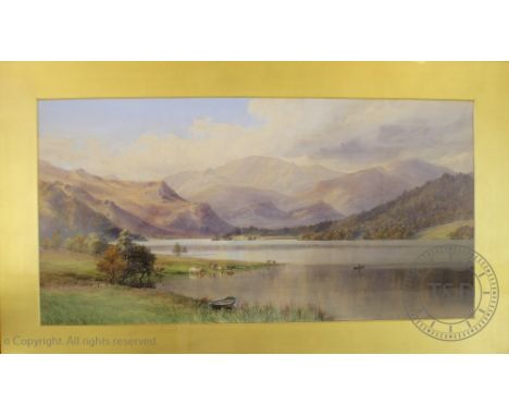 Ebernezer Albert Warmington (1830-1903), Watercolour, Ullswater Cumbria - landscape with cattle, figures in a boat and Helvel