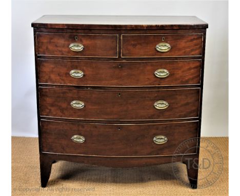 A late George III mahogany bow front chest, of two short and three graduated long drawers, on splayed bracket feet, 104cm H x