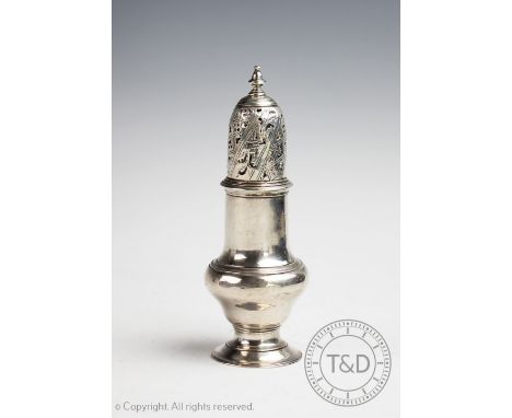 A George III silver sugar caster, Robert Peaston 1763, the caster of baluster form with pierced cover and urn finial, 14cm hi