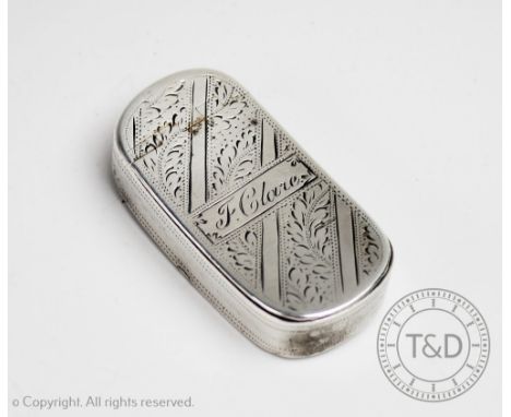 A George III silver snuff box, William Boot, Birmingham 1809, the rounded rectangular box of curved form with bright cut hing