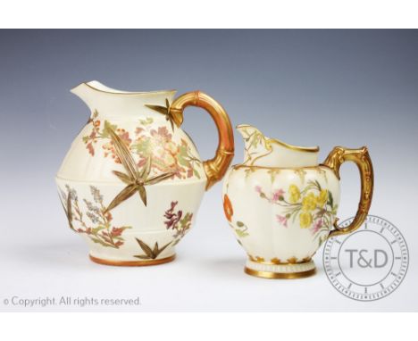 A Royal Worcester porcelain Blush Ivory jug, shape No.1185, date code for 1887, RdNo.62036, with bamboo moulded handled and d
