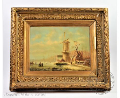 Dutch School - late 19th century, Oil on oak panel, Winter landscape with windmill and skaters, Indistinctly signed lower rig