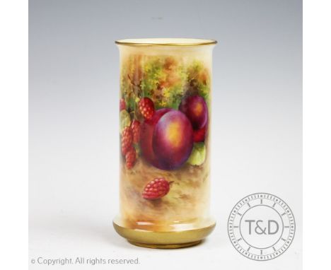 A Royal Worcester porcelain Blush Ivory sleeve vase, shape No.2510, date code for 1939, finely enamelled with fruits, signed 