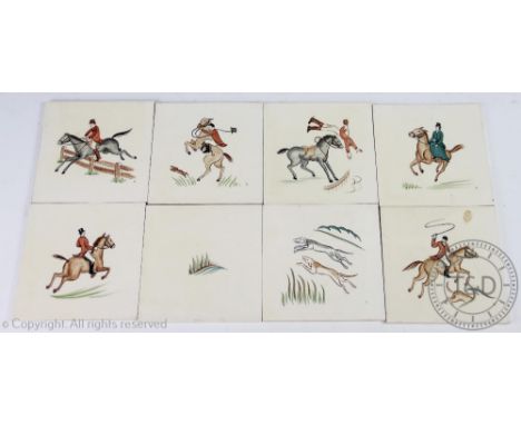 A set of ten vintage Thynne tiles, each hand painted depicting a different hunting scene including; hounds, a Victorian lady 