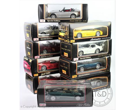 Nine Maisto Special Edition 1:18 scale Sport car models comprising; Ferrari 550 Maranello, Ferrari F50, Audi TT  Roadster, Me