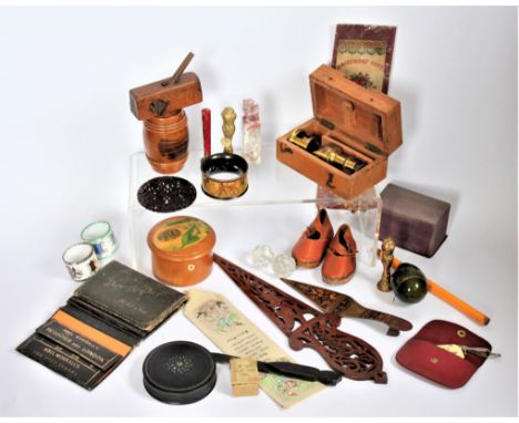 A selection of 19th century and later sewing items and objects of vertu, to include two cast brass desk seals, two South Staf