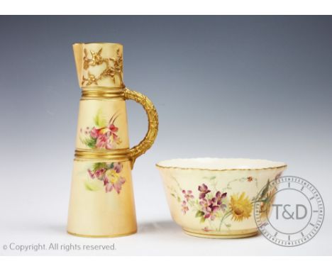 A Royal Worcester porcelain Blush Ivory tusk jug, shape No.1047, date code for 1898, RdNo.17049, decorated with tulips, gilt 