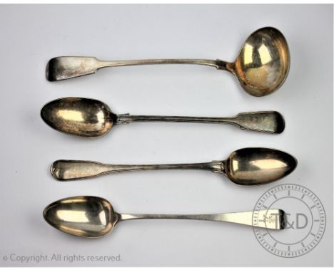 A George III silver basting spoon, Richard Crossley, London 1801, fiddle pattern with threaded edging, lion crest to reverse 