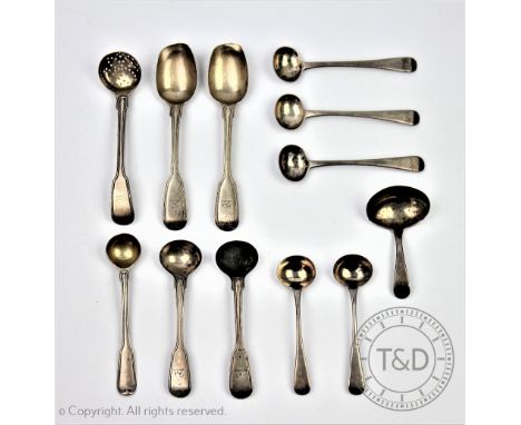 A selection of George III and later silver flatware to include a pair of caddy spoons, two teaspoons and a sifter spoon, Will