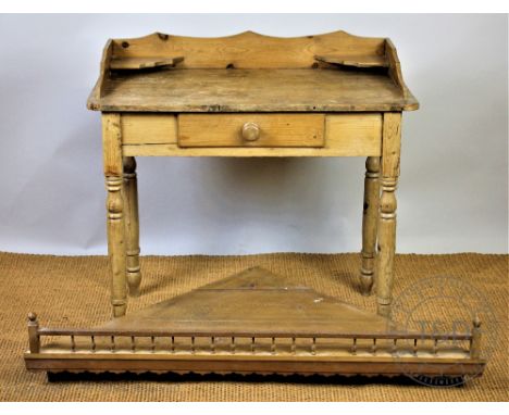 A Victorian style pine wash stand, with drawer, on turned legs, 82cm H x 86cm D x 43cm D, with a pine hanging hall corner she