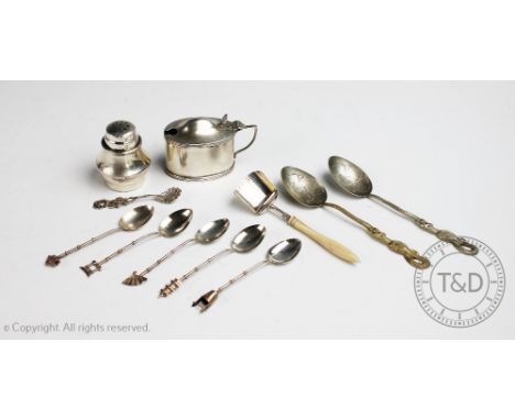 A selection of George III and later silver, to include; a caddy shovel with turned ivory handle Cocks and Bettridge, Birmingh