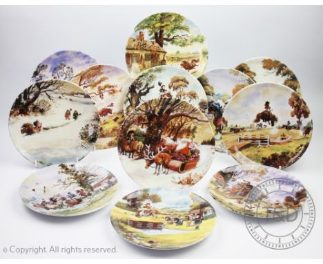 A collection of twelve Royal Worcester Thellwell's ponies printed plates, 19cm diam, with plate rack (13)