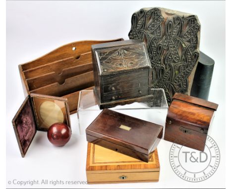 A 19th century apprentice miniature mahogany bureau shaped tea caddy, 12cm H, with an apprentice oak tea caddy, with a rosewo