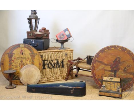 An Underwood typewriter, a Victorian birch desk stand, a students violin, a leather suit case, a Fortnum &amp; Mason hamper, 