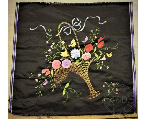 Fourteen meters for unused Chinese silk, with a 1930's painted black silk panel decorated with a basket of sweet peas, 57cm x