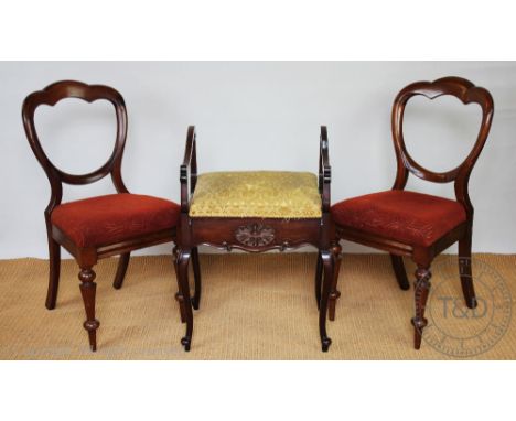 A part set of five Victorian walnut buckle back dining chairs, with upholstered seats, on turned legs, 87cm H, with a piano s