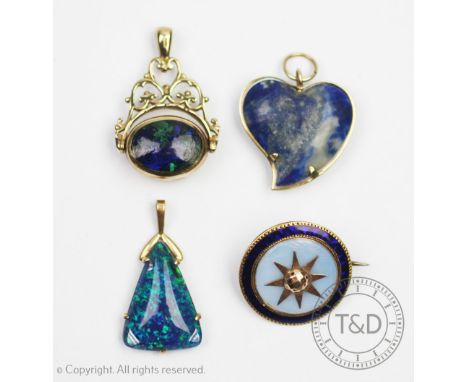 A collection of pendants and brooches, to include; a Georgian enamelled circular brooch, a black opal triplet set pendant, a 