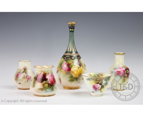 A collection of Royal Worcester porcelain to include a bottle vase, shape F.105, date code for 1907, finely painted with rose