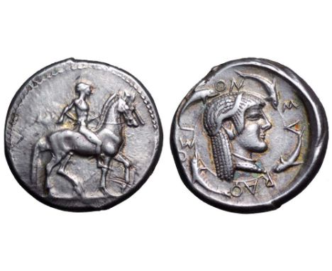 Sicily, Syracuse AR Didrachm. Deinomenid Tyranny. Time of Gelon I, circa 490-485 BC. Nude rider on horseback right, leading a