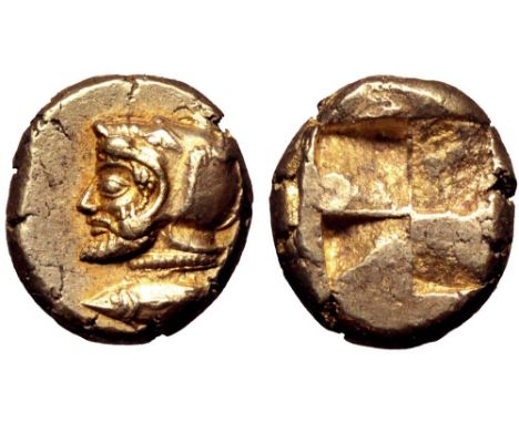 Mysia, Kyzikos EL Hekte. Circa 550-500 BC. Bearded head of Poseidon to left, wearing a helmet in the form of the head of a se