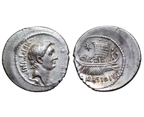 Sextus Pompey AR Denarius. Mint moving with Sextus Pompey, probably on Sicily, under the fleet commander Q. Nasidius, 42-38 B