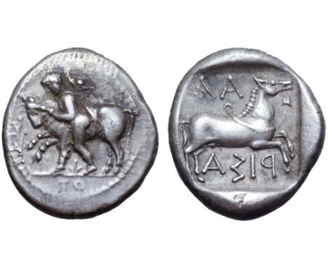 Thessaly, Larissa AR Drachm. Circa 450-420 BC. Thessalos, nude but for petasos and cloak tied at neck, holding band across ho