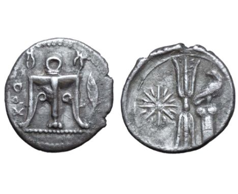 Bruttium, Kroton AR Triobol. Circa 400-350 BC. Tripod, KPO to left, leaf to right / Thunderbolt; star to left; to right, eagl