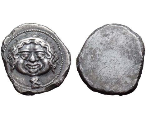 Etruria, Populonia AR Didrachm of 10 Units (or Litrai?). Late 5th century BC. Head of Metus facing, hair bound with diadem, X