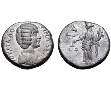 Julia Domna BI Tetradrachm of Alexandria, Egypt. Year 4, AD 195/196. IOΥΛΙΑ ΔΟΜΝΑ CΕΒΑCΤH, draped bust right / Dikaiosene sta