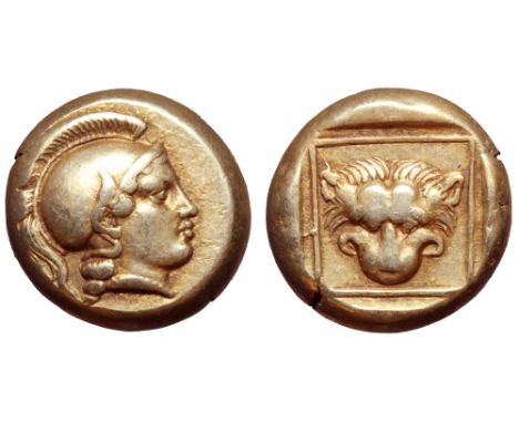 Lesbos, Mytilene EL Hekte. Circa 360-340 BC. Head of Athena to right, wearing crested Attic helmet / Facing lion-scalp facing