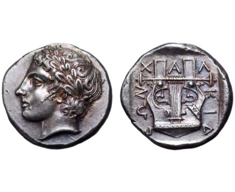 Macedon, Chalkidian League AR Tetradrachm. Olynthos, circa 382-379 BC. Laureate head of Apollo left / Kithara of seven string
