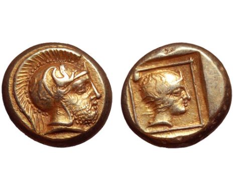 Lesbos, Mytilene EL Hekte. Circa 412-378 BC. Head of Ares right, wearing crested helmet decorated with forepart of griffin / 