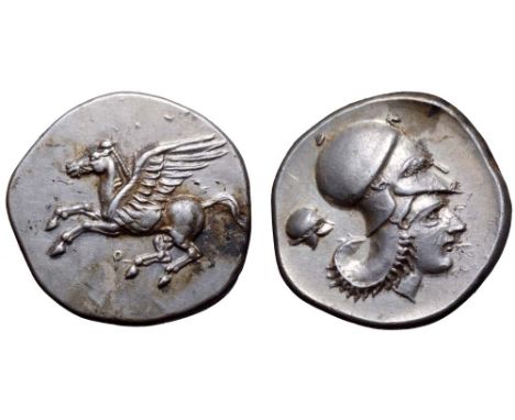 Corinthia, Corinth AR Stater. Circa 340-330 BC. Pegasos flying left / Helmeted head of Athena right, small Corinthian helmet 