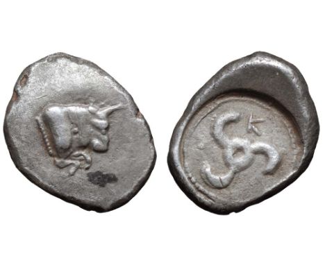 Dynasts of Lycia, Kuprilli AR Tetrobol. Circa 470-440 BC. Forepart of bull right, ending in beaded truncation / Triskeles, K 