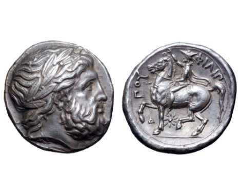 Kingdom of Macedon, Philip II AR Tetradrachm. Lifetime issue. Pella, circa 356–348 BC. Laureate head of Zeus to right / The k