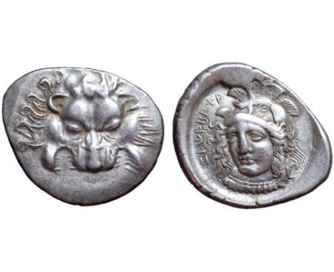 Dynasts of Lycia, Zagaba AR 1/3 Stater. Circa 400-380 BC. Lion's scalp facing / Head of Athena, facing three-quarter to left,