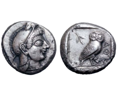 Attica, Athens AR Tetradrachm. Circa 510-490 BC. Archaic head of Athena to right, wearing crested helmet decorated with chevr