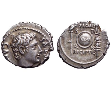 Augustus AR Denarius. Spanish mint (Colonia Patricia?), circa 19 BC. CAESAR AVGVSTVS, bare head right / Round shield inscribe