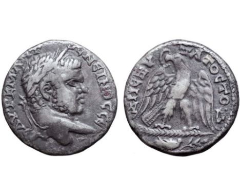 Caracalla AR Tetradrachm of Ascalon, Judaea. 215-217 AD. AΥT K M ANTONEINOC, laureate bust right / ΔH EΞ ΥΠΑΤΟC TO Δ (Tribuni