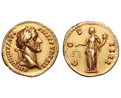 Antoninus Pius AV Aureus. Rome, AD 148-149. ANTONINVS AVG PIVS P P TR P XII, laureate head right / COS IIII, Aequitas standin