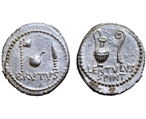 M. Junius Brutus and P. Cornelius Lentulus Spinther AR Denarius. Smyrna, 43-42 BC. Sacrificial axe, simpulum and sacrificial 