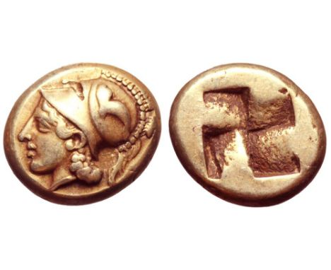 Ionia, Phokaia EL Hekte. Circa 387-326 BC. Head of Athena left, wearing crested Corinthian helmet decorated with seal / Quadr