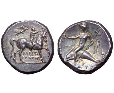 Calabria, Tarentum AR Nomos. Circa 275-235 BC. Aristokrates, magistrate. Youth on horseback right, crowning horse; behind, Ni